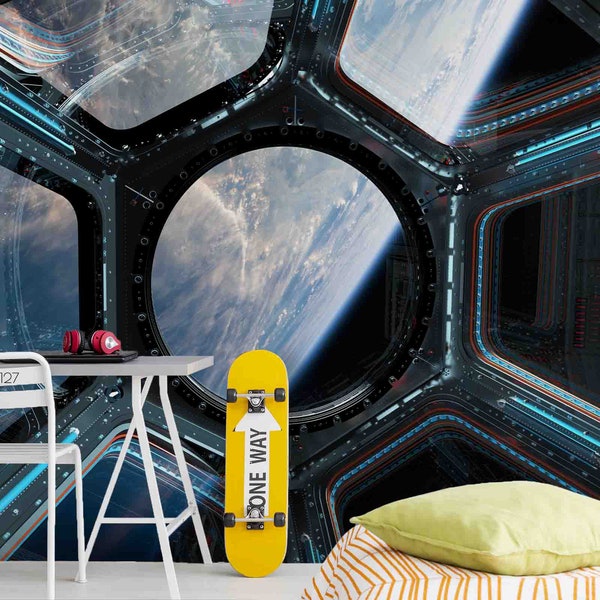 Papel de parede 3D com vista da janela de uma nave espacial, mural de parede da Terra, autoadesivo.