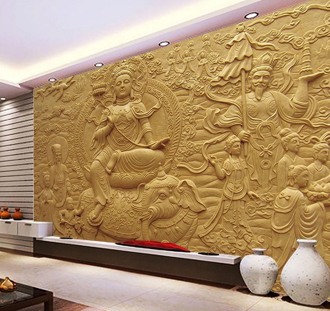 3D Relief Wallpaper, Buddha Statue Wall Mural, Golden Wall Decor