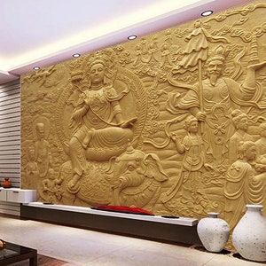 Carta da parati in rilievo 3D, murale con statua di Buddha, decorazione da parete dorata, arte murale classica cinese, stacca e attacca, carta da parati rimovibile