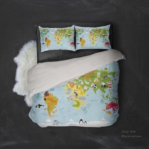 3D-Weltkarte-Bettbezug-Set, Tier-Bettbezug, Land-Bettwäsche-Set, Ozean-Doona-Bezug, Cartoon-Twin-Bettwäsche, Kinder-Bettwäsche-Set, Kissenbezüge