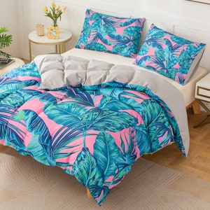 Ensemble housse de couette feuilles 3D, housse de couette bleue, ensemble de literie tropical, housse doona à motif, literie king size dessinée à la main, ensemble de literie aquarelle