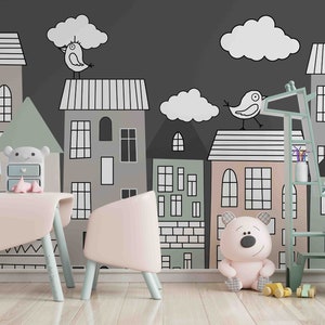 3D Cartoon Town Bird Wallpaper-Nursery Wllpaper Fondo de pantalla extraíble-Peel and stick Wall Mural,Playroom Wallpaper Decoración de pared 415