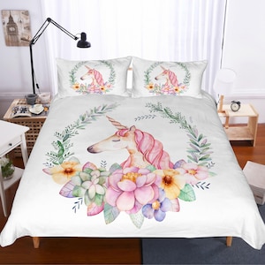 Juego de fundas de edredón de unicornio 3D, funda de edredón floral, juego de ropa de cama de colores, funda Doona de dibujos animados, ropa de cama Queen de acuarela, ropa de cama King blanca