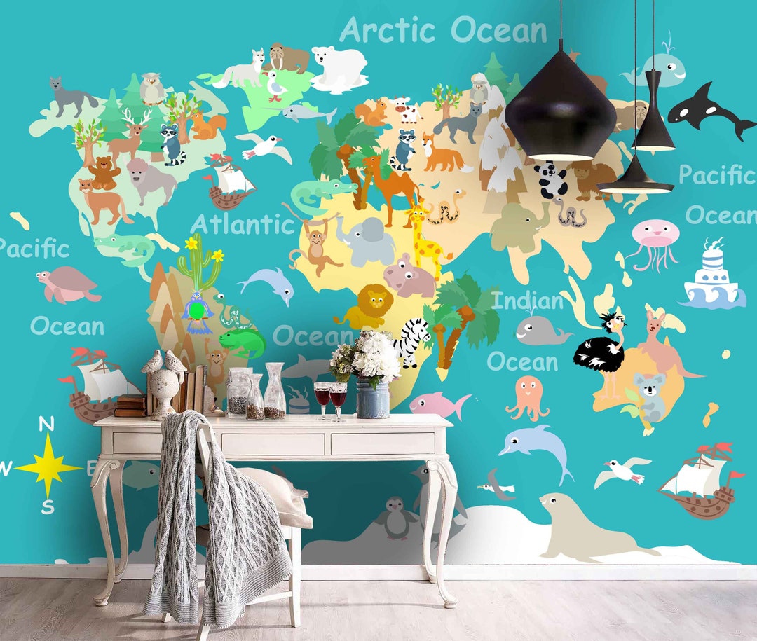 3D Animal World Map Wallpaper, Kids Room Decor, Peel and Stick - Etsy