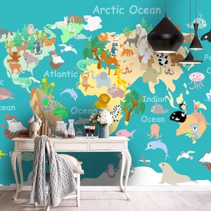 3D-Weltkarten-Tapete, Tier-Wandbild, Cartoon-Wanddekoration, Wandkunst für Kinder, abziehen und aufkleben, abnehmbare Tapete, Wandaufkleber