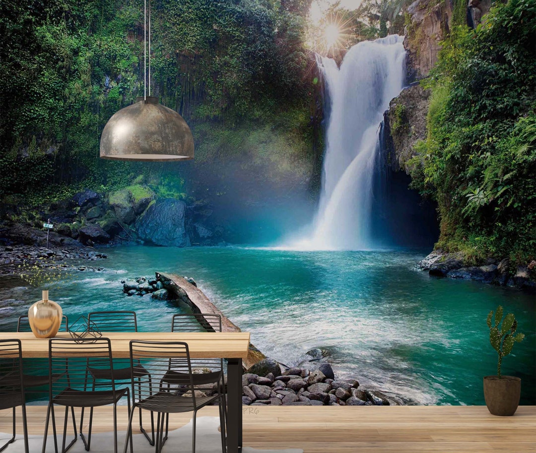Green Forest Waterfall Wallpaper Mural, Peel and Stick Removable Wall ...