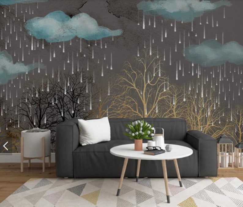 Forest Wall Mural,Vintage art,Peel and Stick Hand-painted Removable Self Adhesive Wallpaper Nostalgic 3D Vintage Rain scene Wallpaper