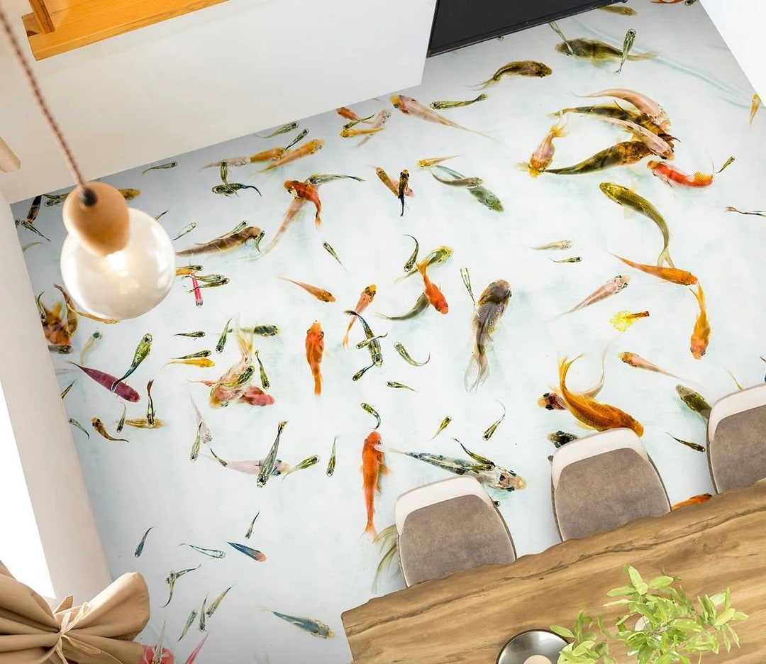 View of 3D Pond Goldfish Pattern, Vinyl Floor Mural, Self-adhesive Vinyl, Floor ...