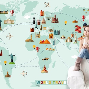 Papel de parede de mapa do mundo 3D, mural de parede de edifício famoso, decoração de parede de desenho animado, arte de parede infantil, descascar e colar, papel de parede removível, adesivo de parede