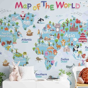 Blaue Weltkarte Tier Kinder 3D Peel and Stick, abnehmbare Tapete, Wandbild, selbstklebende Tapete, Wandaufkleber, Tapetenwandbild