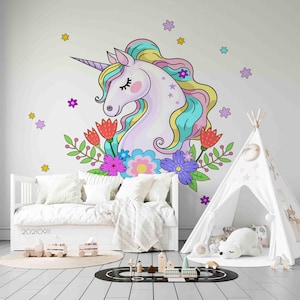Cartoon Wandbild - 3D Einhorn Blumen Handgezeichnete Kinder Tapete, zum Abziehen und Aufkleben, Wandkunst für Wohnzimmer, Schlafzimmer, Büro