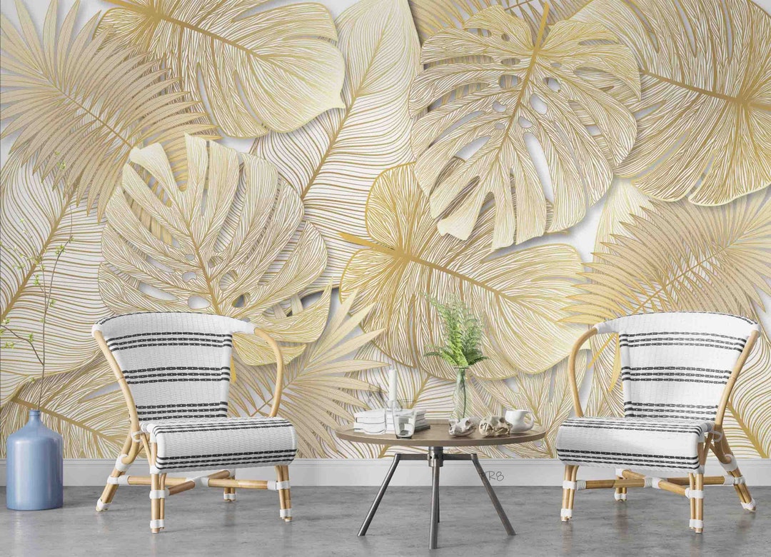 Gold Monstera Leaf Wallpaper, Tropical Peel and Stick Wall Mural - Etsy