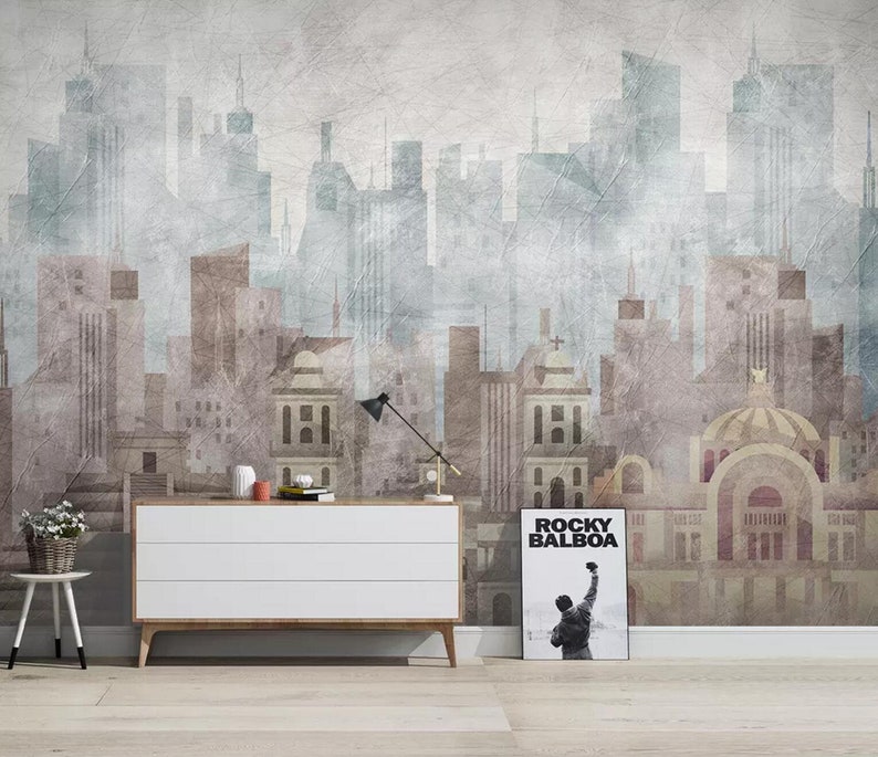 Wall Mural,Vintage art,Peel and Stick 3D Foggy Building city Wallpaper Removable Self Adhesive Wallpaper Watercolor