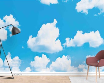 Muurschildering blauwe lucht – Witte wolken Peel and Stick-behang