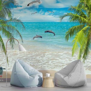 Carta da parati rimovibile con pianta di spiaggia 3D, albero di cocco, animale, delfino, carta da parati rimovibile, decorazione murale con buccia e bastone, carta da parati per sala giochi, r