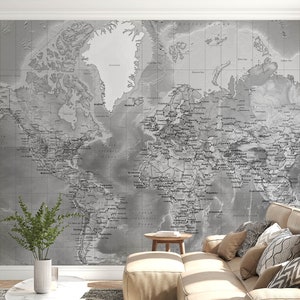 Mapa del mundo Graffiti Carta gris 3D Peel and Stick, Fondo de pantalla extraíble, Mural de pared, Fondo de pantalla autoadhesivo, Calcomanías de pared, Mural de fondo de pantalla
