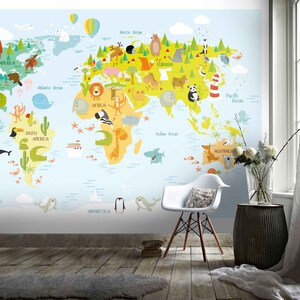 Papel tapiz con letras de animales y mapa del mundo de dibujos animados en 3D, papel tapiz removible, Mural de pared para pelar y pegar, decoración de pared para sala de juegos, r