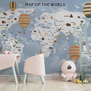 3D Cartoon Wereldkaart Wallpaper-Kinderkamer Wllpaper Verwijderbare Wallpaper-Peel en stick Muurschildering, Speelkamer Wallpaper Muurdecor 402