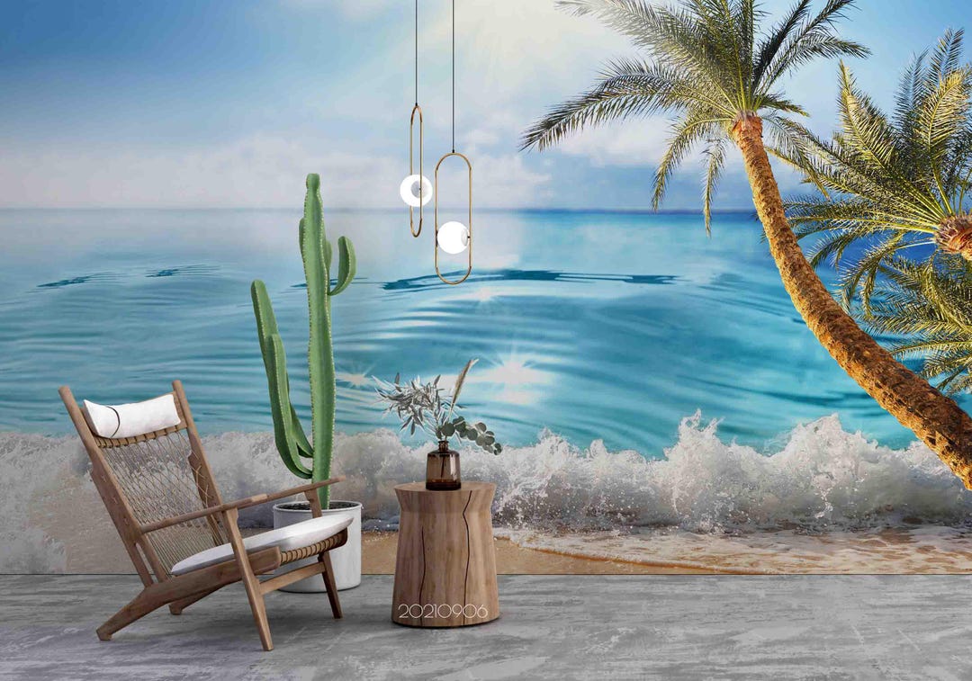 3D Beach Wall Mural – Palm Tree Sea View, Peel and Stick Wallpaper - Etsy