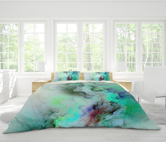 Abstrakt Grün getöntes Bettwäsche Set, 3D Rauch Quilt Bezug