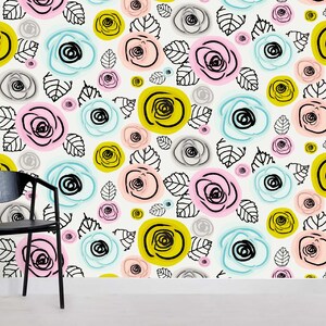3D Rose Wallpaper, kleurrijke muur muurschildering, Cartoon Wall Decor, Kids Wall Art, Peel and Stick, verwisselbaar behang, muursticker