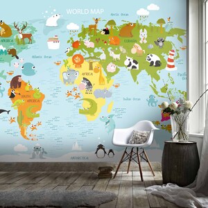 3D-Cartoon-Weltkarte-Tier-Kindertapete, abnehmbare Tapete, abziehen und aufkleben, Wandgemälde für Spielzimmer, Wanddeko, r