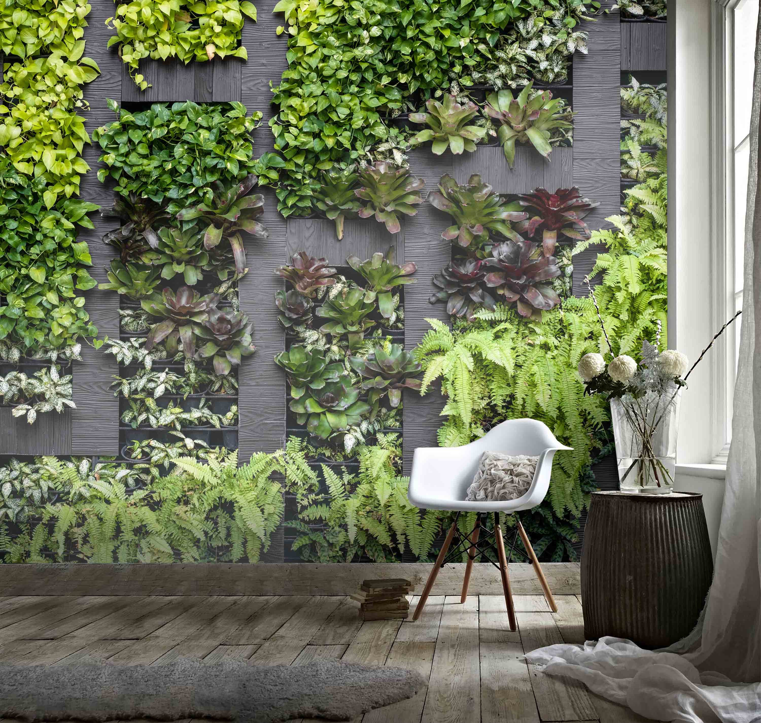 Green Plant Leaf Wallpaper, Wood Grain 3D Wall Mural (peel and