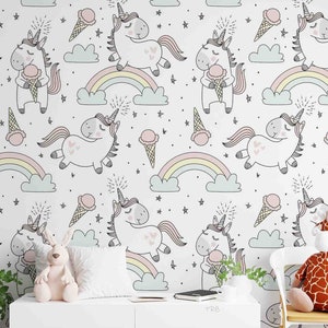 Cartoon Unicorn Rainbow Ice Cream 3D Peel and Stick, Removable Wallpaper, Wall Mural, Self-adhesive Wallpaper, Wall Decals, Wallpaper Mural
