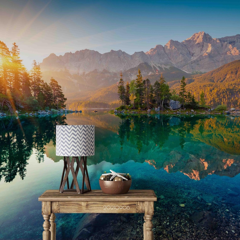 Green Lake Mountain Landscape Wallpaper Mural – Peel and Stick Wall Art ...