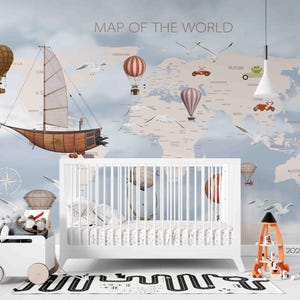 Papier peint carte - Montgolfière, voiture, carte du monde, papier peint pour enfants, papier peint autocollant, oeuvre d'art murale pour salon, chambre à coucher, bureau