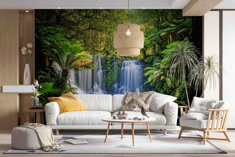 Forest Waterfall Wallpaper Mural, Peel and Stick, Removable Wallpaper ...