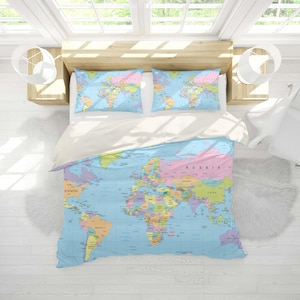 Juego de fundas de edredón con mapa del mundo en 3D, funda de edredón con diseño de tierra, juego de cama con diseño de océano, funda de edredón azul, ropa de cama con dos camas individuales y ropa de cama colorida