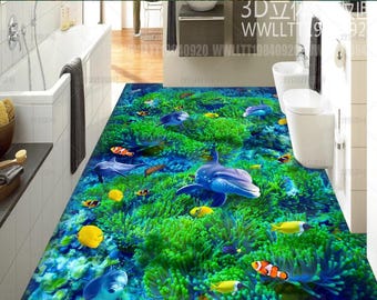 3D Underwater World Dolphin Vinyl Floor Mural, Self-Adhesive Art