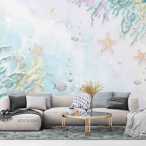 3D-Cartoon-Korallen-Seestern-Fisch, mehrfarbige Tapete, abnehmbare Tapete, abziehen und aufkleben, Wandbild, Spielzimmer-Tapete, Wanddeko, r