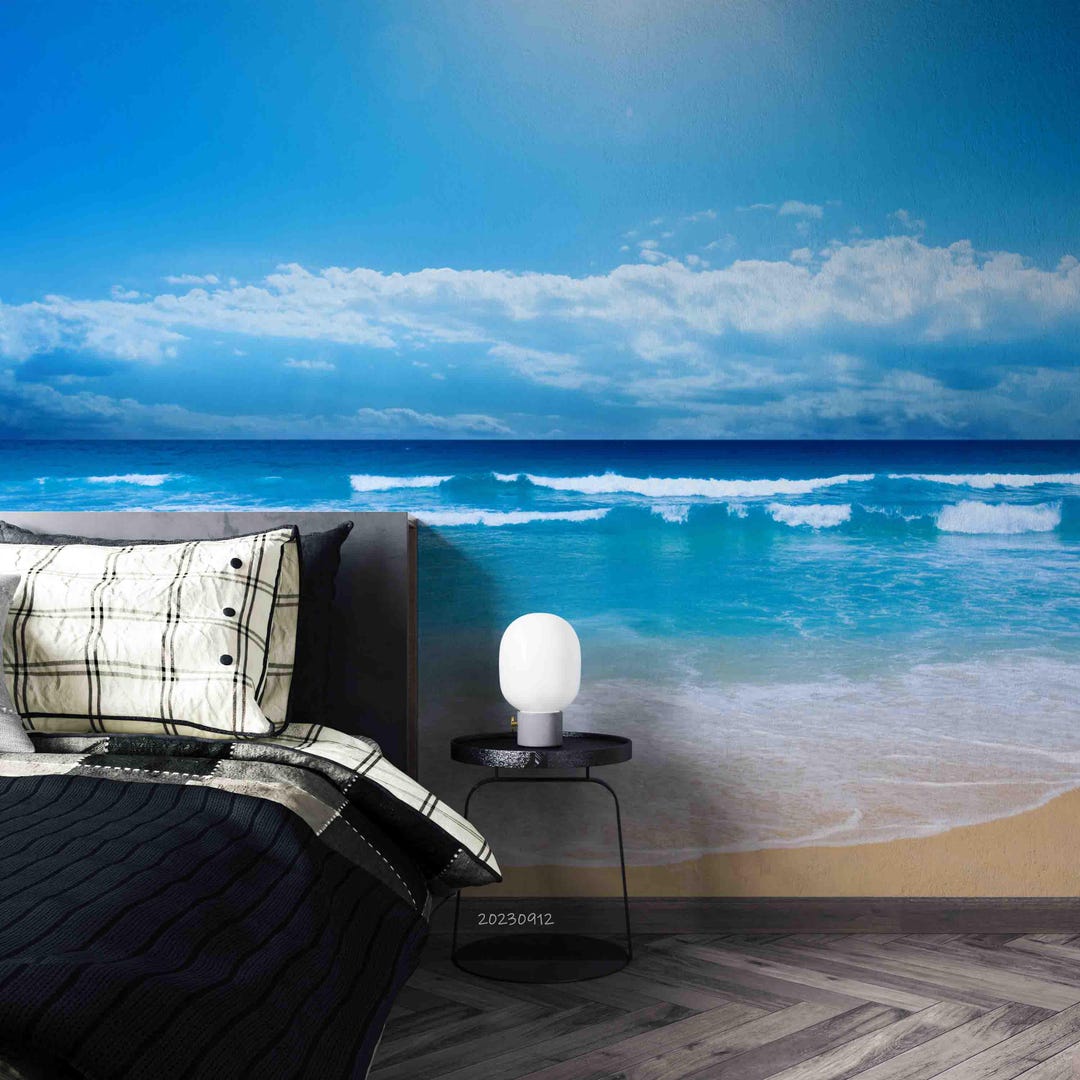 Beach Scene Wall Mural – Blue Sea, Sky, Peel and Stick Wallpaper - Etsy ...