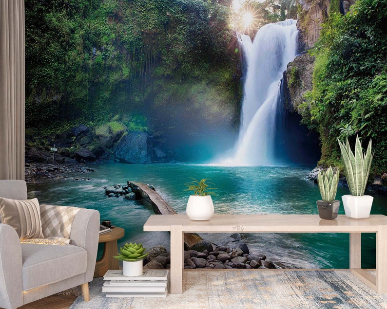 Green Forest Waterfall Wallpaper Mural, Peel and Stick Removable Wall ...