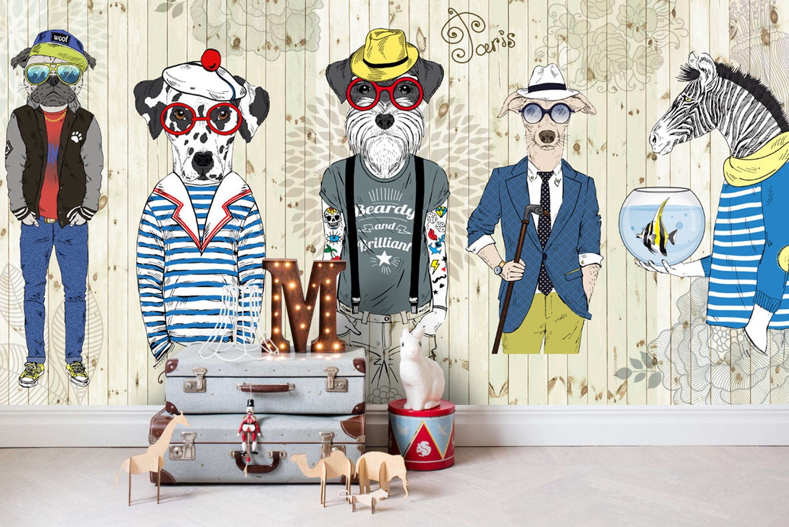 3D Dog Wallpaper Clothes Hat Wall Mural Planks Background - Etsy