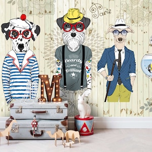 3D Dog Wallpaper, Clothes Hat Wall Mural, Planks Background Wall Decor, Cartoon Wall Art, Peel and Stick, Removable Wallpaper, Wall Sticker