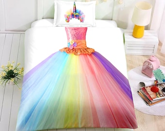 3D Princess Dress Duvet Covers Set, Colorful Quilt Cover, Tulle Skirt Bedding Set, Pretty Doona Cover, Girl Twin bedding, Kids Bedding Set