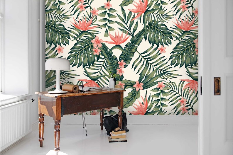 Tropical Green Leaf Wallpaper Mural, Peel and Stick Wall Art - Etsy