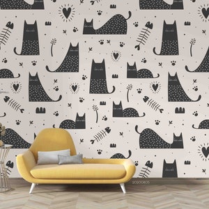 3D Cat Wallpaper, Fishbone Wall Mural, Footprint Wall Decor, Cartoon Wall Art, Peel and Stick, verwisselbaar behang, muursticker