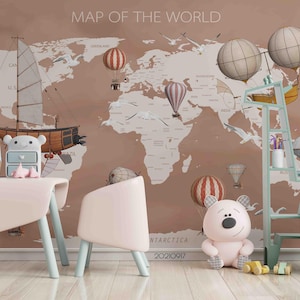 Karte Wandbild - 3D Heißluftballon Weltkarte Wallpaper, zum Abziehen und Aufkleben, Wandkunst für Wohnzimmer, Schlafzimmer, Büro