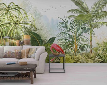 May include: A living room interior with a white couch and a coffee table. The wall is decorated with a tropical mural featuring palm trees, lush foliage, and a pink flamingo.