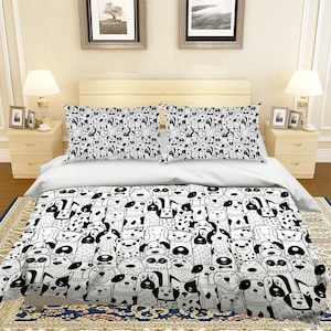 3D Dog Duvet Covers Set, Cartoon Quilt Cover, Pattern Bedding Set, Black Doona Cover, White Twin Bedding, Black Bedding