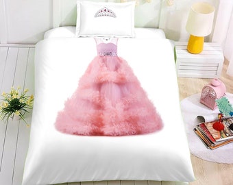 3D Princess Dress Duvet Covers Set, Pink Quilt Cover,  Girl Bedding Set, Beautiful Doona Cover, Lace Twin bedding, Kids Bedding Set