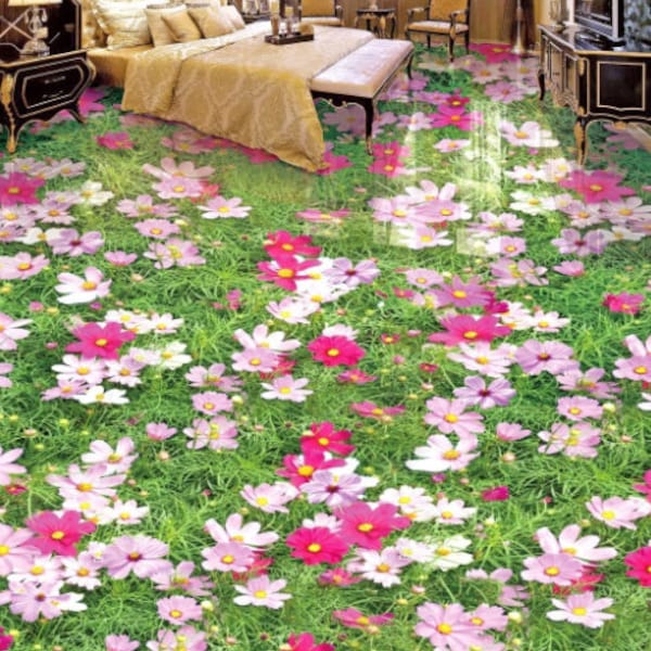 3D Floral Pink Daisy, Vinyl Floor Mural, Self-adhesive Vinyl, Floor Art, Bathroom Floor, Kitchen Floor, Epoxy Floor, 3D Visually 2