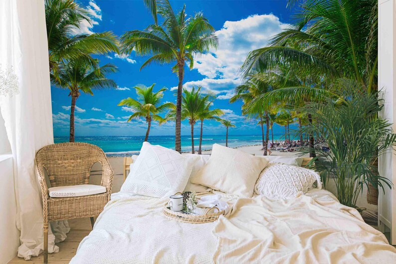 Tropical Beach Palm Tree Wall Mural – Peel and Stick Wallpaper - Etsy