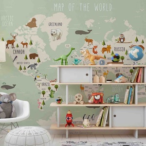 3D Animal World Map Wallpaper-Kinderkamer Wllpaper Verwijderbare Wallpaper-Peel en stick Muurschildering, Speelkamer Wallpaper Muurdecor 274