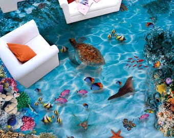 Étoile de mer 3D corail, papier peint de sol en vinyle, vinyle auto-adhésif, oeuvre d'art pour sol, sol de salle de bain, sol de cuisine, sol époxy, visuel 3D 1