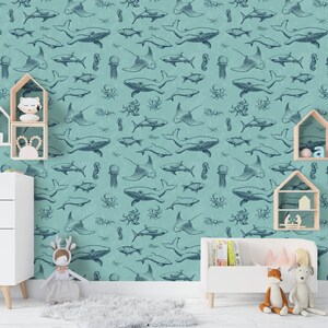 Papel pintado de tiburón 3D, mural de pared de medusas, decoración de pared de animales, arte de pared de dibujos animados, pelar y pegar, papel pintado extraíble, pegatina de pared